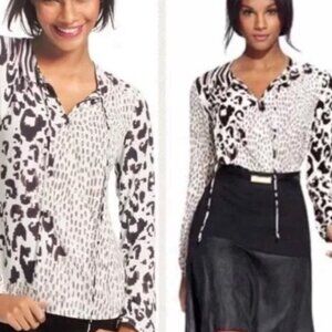 CAbi #590 Womens Medium Wrap Blouse Leopard Top, Long Sleeve Tie Neck